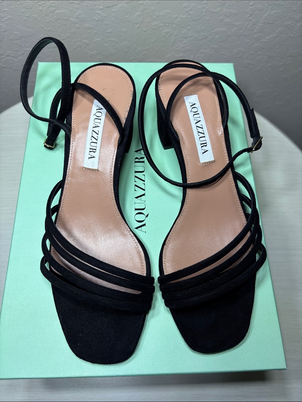 Aquazzura Latour 50 Black
Suede Strappy Block Heel Sandals
- Size 37.5 NIB - Picture 5 of 10